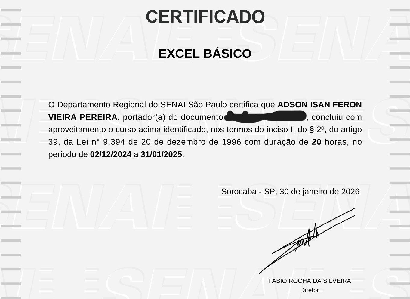 Certificado do SENAI — Excel Básico